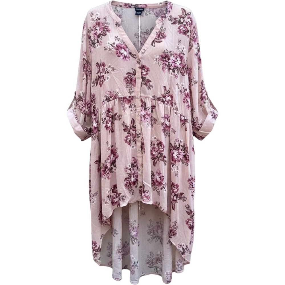 Torrid Floral High Low Tunic Top Pink Purple Roll Tab Sleeve V-Neck Size 3 Plus